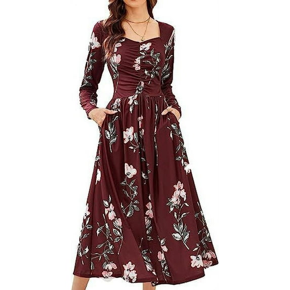Grace Karin Women's Fall Square Neck Long Sleeve Floral Dress Casual Flowy High Waist A Line Midi Dress with Pockets