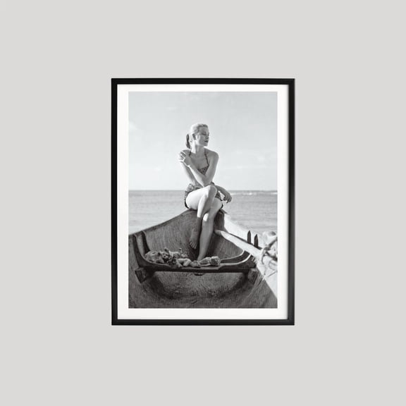 Grace Kelly Vintage Beach Portrait Black and White Coastal Photography Elegant Boat Scene Retro Summer Wall Art, Unframed Poster