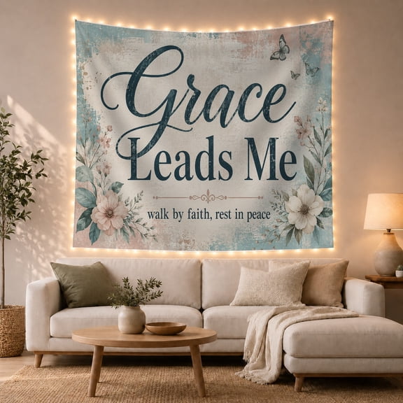 Grace Leads Me Faith Text with Floral Frame Serene Vintage Style for Spiritual Decor Lovers Inspirational Faith Wall Art Mother's Day Gift Tapestry Wall Hanging for Bedroom Living Room
