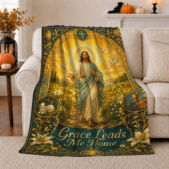 Grace Leads Me Home Jesus Scene in Inspirational Art Style for Christian Families, Meadow Dove Lamb Scene, Cozy Flannel Blanket for Bedroom and Prayer Room, Easter Gift, Faith Home Decor
