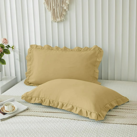 Grace Linen Microfiber Ruffle Pillow Cases Standard Size Set of 2, 20X26 - Solid Ruffled Fringe Design Pillow Cases Soft & Breathable - Unique Collection Decorative Pillow Covers 20X26 - Taupe