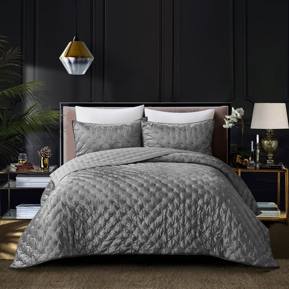 Grace Living Nataleigh Velvet 3pc Full/Queen Comforter Set, Grey