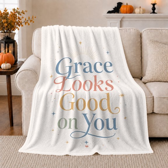 Grace Looks Good You Motivational Typography Gold Sunburst, Cozy Typography Art Scene, Warm Flannel Blanket for Living Room and Reading Nook, Art Lovers Thanksgiving Gift, Artistic Home Decor