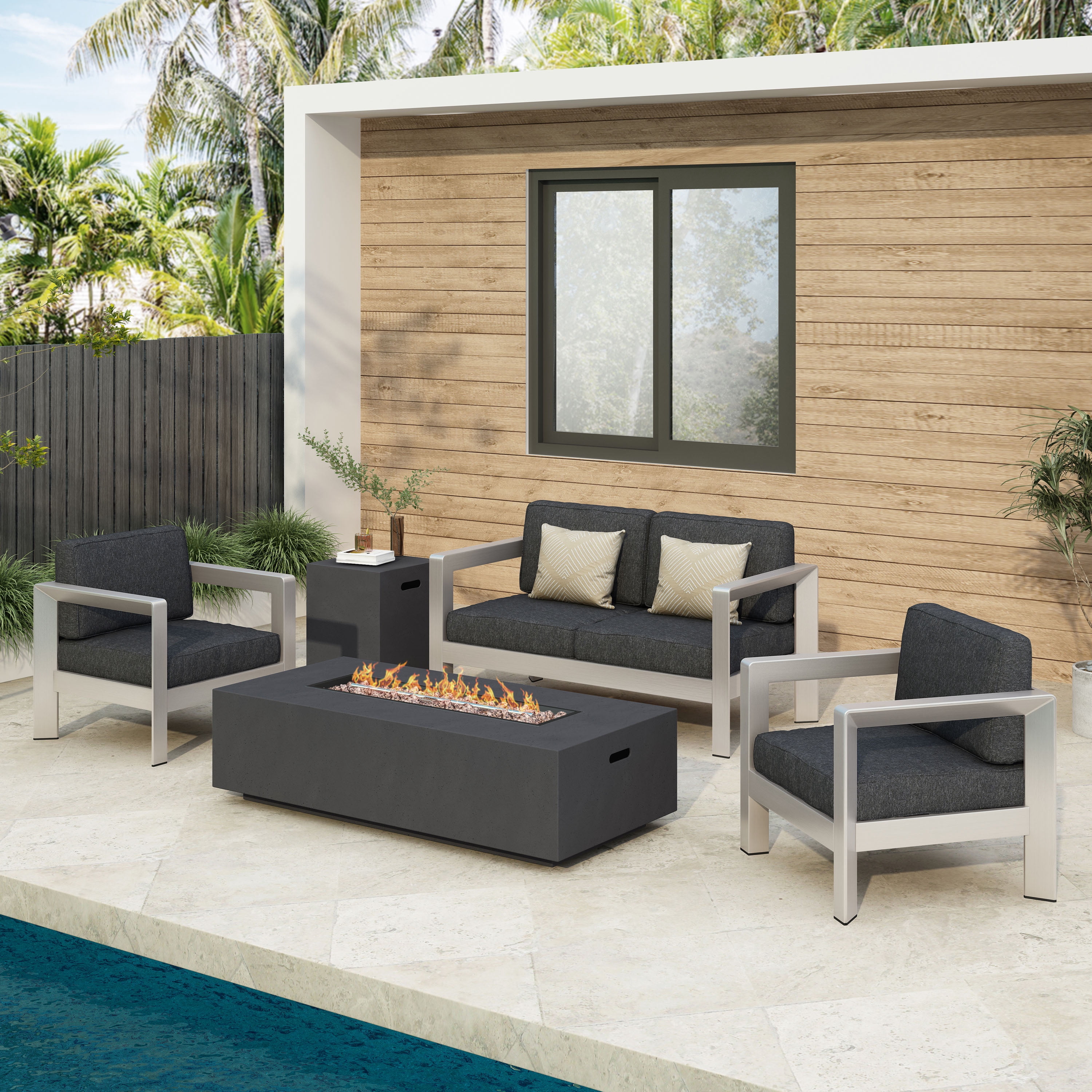 Grace Outdoor 5 Piece Aluminum Chat Set with Fire Pit and Tank Holder, Silver, Dark Gray, Dark Gray