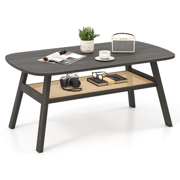 Grace Paws 2-Tier Rectangular Center Coffee Table with Rattan Storage Shelf and Rubber