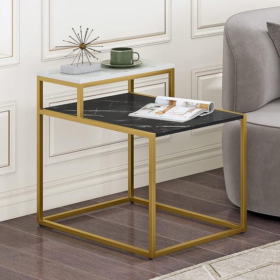 Grace Paws 2-Tier Side Table with Metal Frame and Marble Finish Tabletop for Living Room