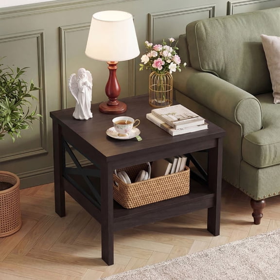 Grace Paws 2-Tier Square Side Table with Storage Shelf and X-Frame for Bedroom Living Room