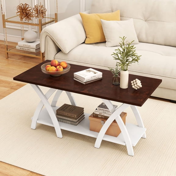 Grace Paws 40 Inch Farmhouse Wooden 2-Tier Coffee Table with Storage Shelf for Living Room