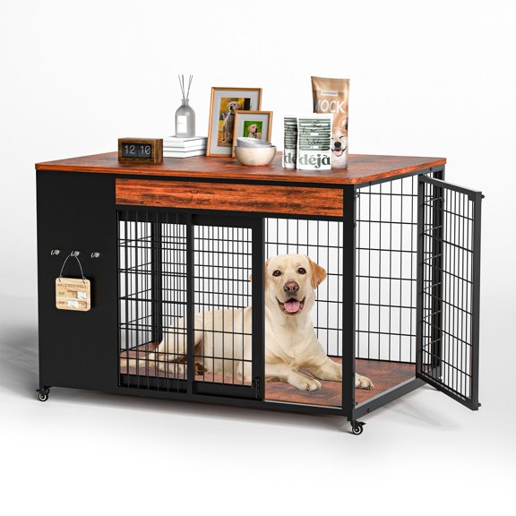 Grace Paws 42-Inch Double Wide Wooden Double-Door Dog Crate Side Table Combo