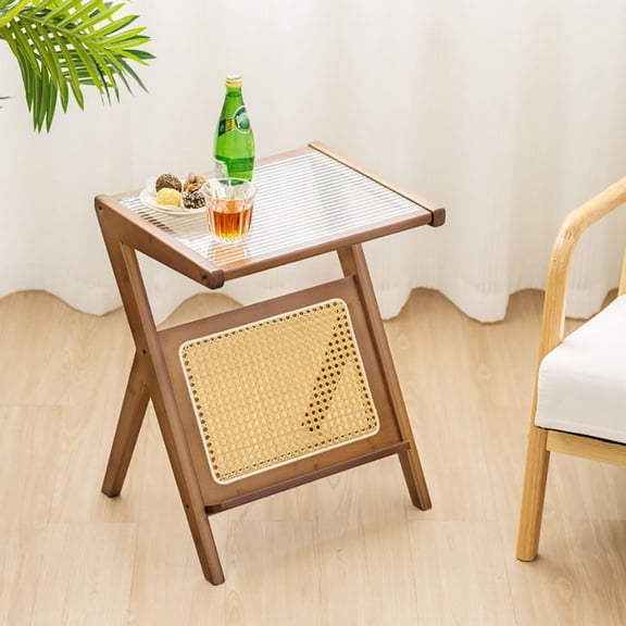 Grace Paws Boho End Table with Magazine Rack and Tempered Glass Top