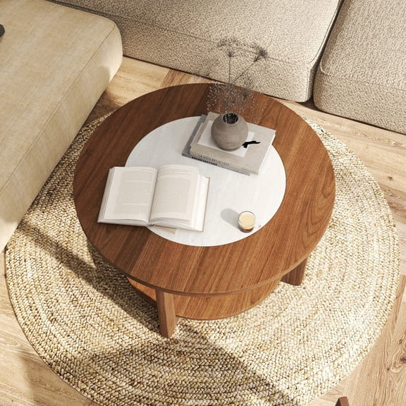 Grace Paws Farmhouse Accent Round Coffee Table with 2-Tone Tabletop and Open Storage