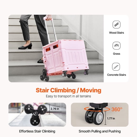 Grace Paws Foldable Utility Cart, 65L Collapsible Portable Crate Rolling Cart with Stair Climbin