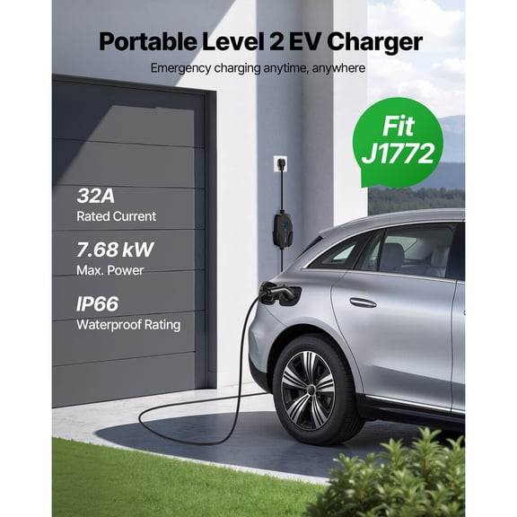 Grace Paws Level 2 EV Charger, 32 Amp Adjustable Current, 240V Electric Vehicle Portable C