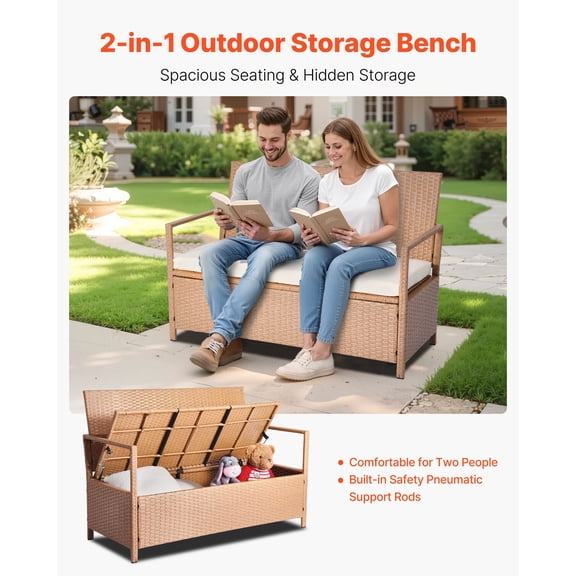 Grace Paws Outdoor Storage Bench, 2-Person PE Rattan Storage Bench, 70 Gal Deck Box with Cu