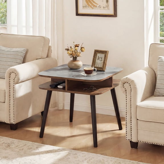 Grace Paws Side Table Faux Marble End Table with Storage Shelves and Rubber Wood Legs