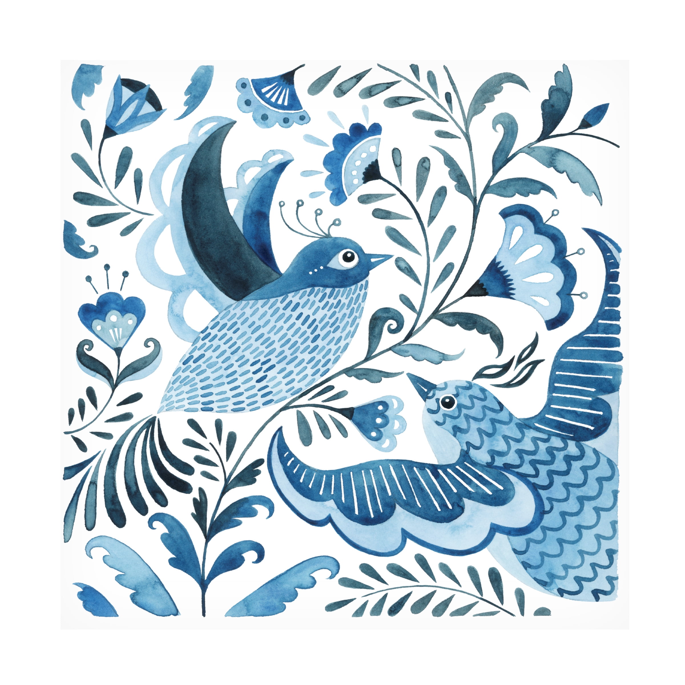 Blue Bird and Floral Canvas Art in White and Blue