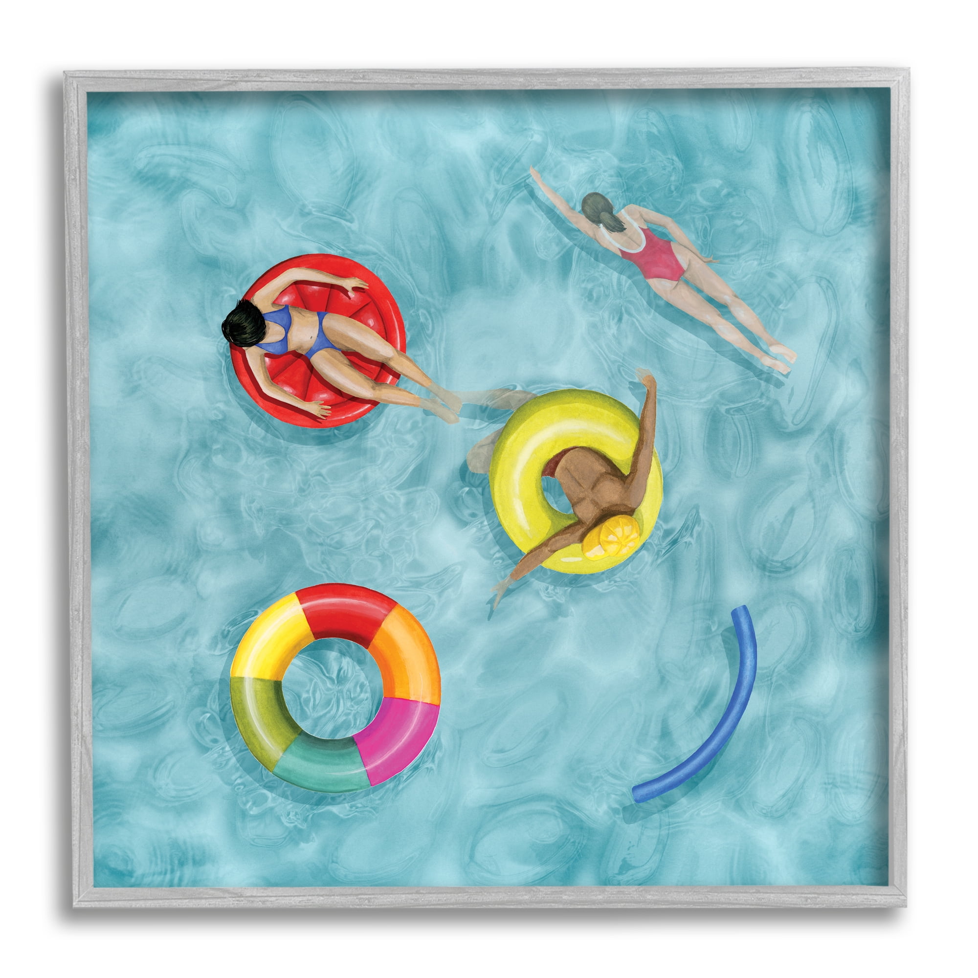 Grace Popp Swimmers In Pool Inner Tube Cool Blue Water 12 in x 12 in Framed Painting Art Prints, by Stupell Home Décor