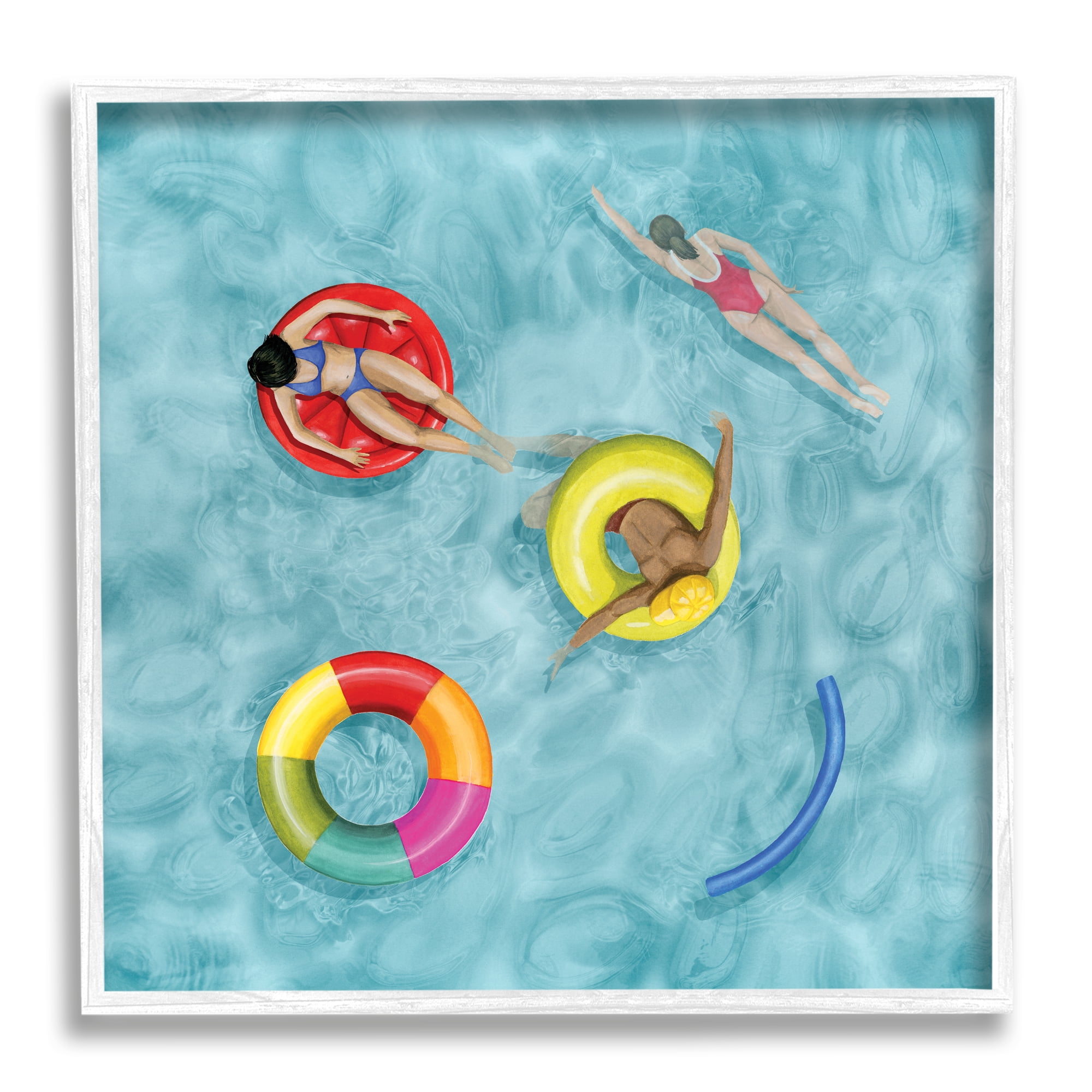 Grace Popp Swimmers In Pool Inner Tube Cool Blue Water 12 in x 12 in Framed Painting Art Prints, by Stupell Home Décor