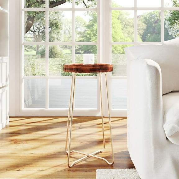 "East at Main Grace Round Wood Accent Side Table, Modern Natural Metal Foldable, 19"" x 25"""