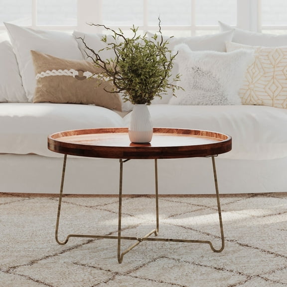 "East at Main Grace Modern Mango Wood Foldable Coffee Table, Gold Base, 29.5""x17"""