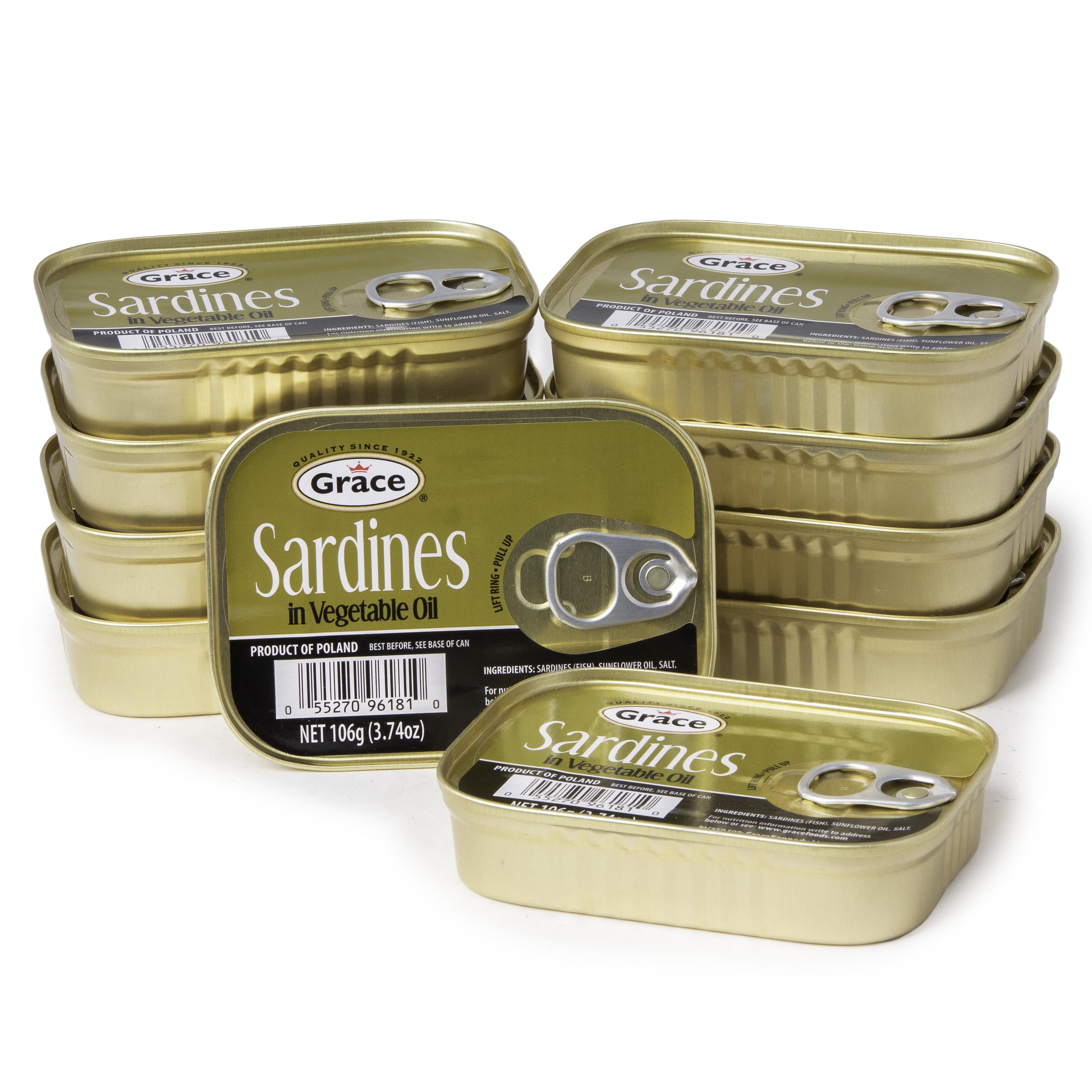 Grace Sardines in Vegetable Oil - 106g 3.74oz (Pack of 10) - 18g Protein per Serving, Canned & Packaged Sardines, Low Sodium, Gluten Free, Keto Friendly, Sustainable Canned Fish&nbsp;
