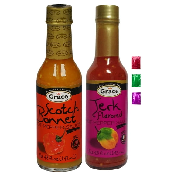 Grace Scotch Bonnet & Jerk Hot Pepper Sauce 4.8 Fl Oz Pack of 2, Authentic Jamaican Seasoning Spicy Caribbean Hot Sauce for Jerk Chicken Seafood Grilling Cooking Marinade w/ Snoep in Beperkte Oplage