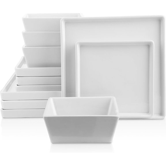 Grace Square ware Dinnerware Set, 12 count Service For 4, Plates and Bowls Dish Set, White