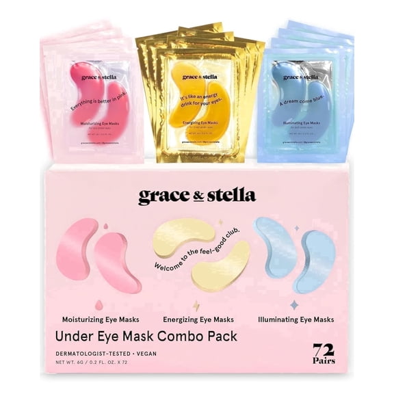 Grace & Stella Under Eye Masks, Hydrating Gel Patches for Dark Circles and Wrinkles, All Skin Types, 72 Pairs Pink,Gold,Blue