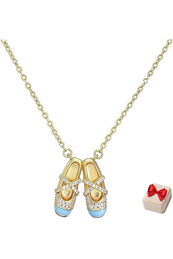 Grace Step Ballet Shoe Necklace, Ballerina Necklace, Dainty Ballerina Flat Pendant with Zircon Stones (Blue)