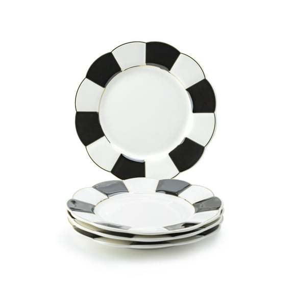 Grace Teaware 8" Black and White Scallop Fine Porcelain DessertPlate Set of 4
