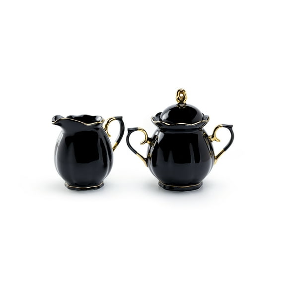 Grace Teaware Black Gold Scallop Fine Porcelain Sugar and Creamer Set C101