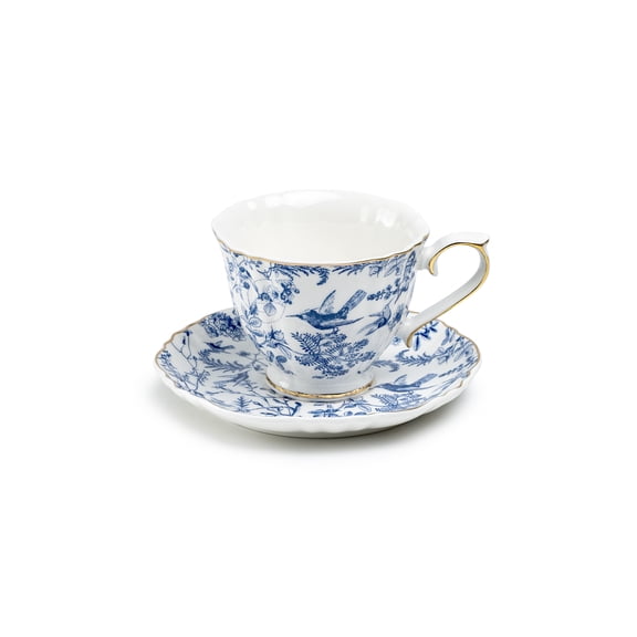 Grace Teaware Blue Bird Toile 7oz Fine Porcelain Tea Cup and Saucer