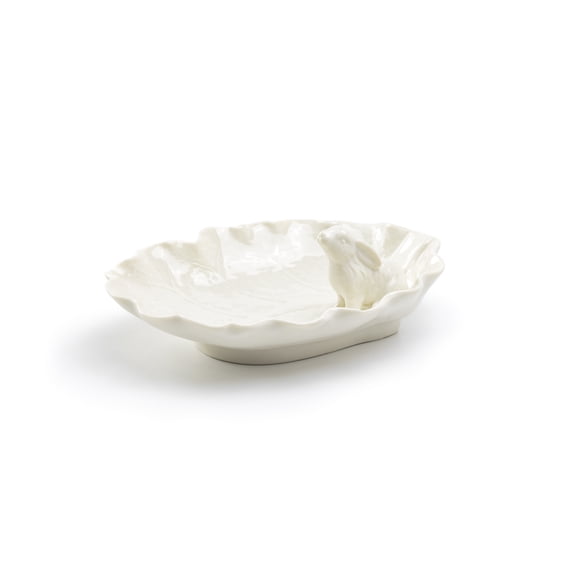 Grace Teaware Bunny Figurine 7" Fine Porcelain Cabbage Leaf Shaped Candy Dish