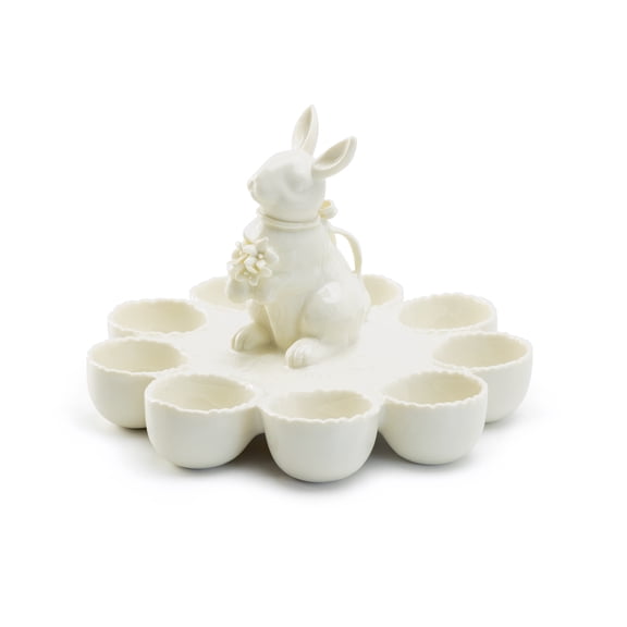 Grace Teaware Bunny Figurine 9 eggs Fine Porcelain Egg Basket Tray