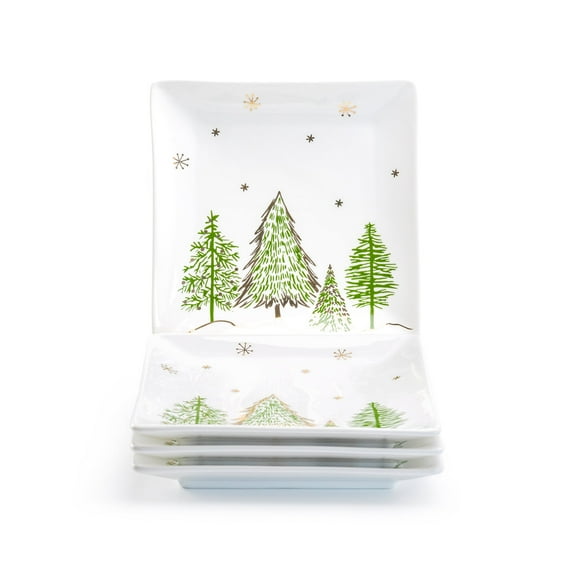 Grace Teaware Christmas Pine Trees 7" Fine Porcelain Square Plates Set of 4
