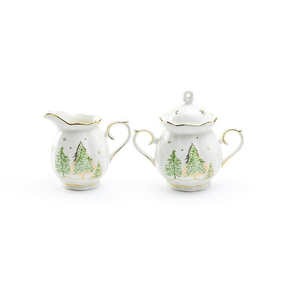Grace Teaware Christmas Pine Trees Fine Porcelain Sugar and Creamer Set