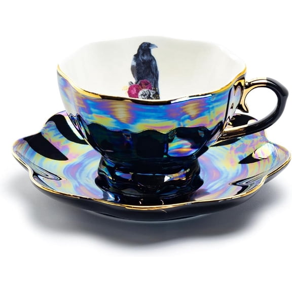 Grace Teaware Crow with Red Roses Black Gold Luster Tea Cup and Saucer