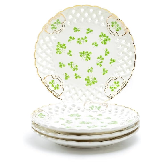Grace Teaware Set of Four 7.5"" Shamrock Fine Porcelain Dessert Salad Plates with Pierced Design