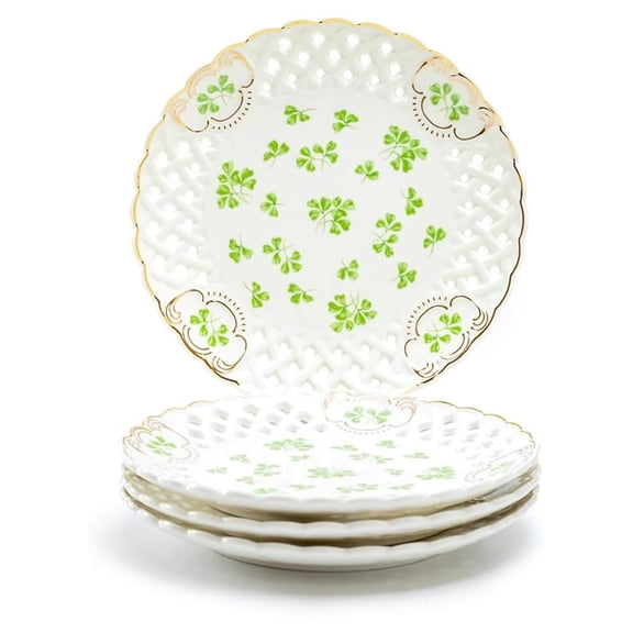 Grace Teaware Set of Four 7.5"" Shamrock Fine Porcelain Dessert Salad Plates with Pierced Design
