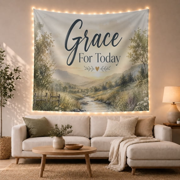 Grace for Today Above River Valley Meadows, Peaceful Illustration for Nature Lovers, Country Wall Art, New Home Gift, Tapestry Wall Hanging for Living Room and Bedroom