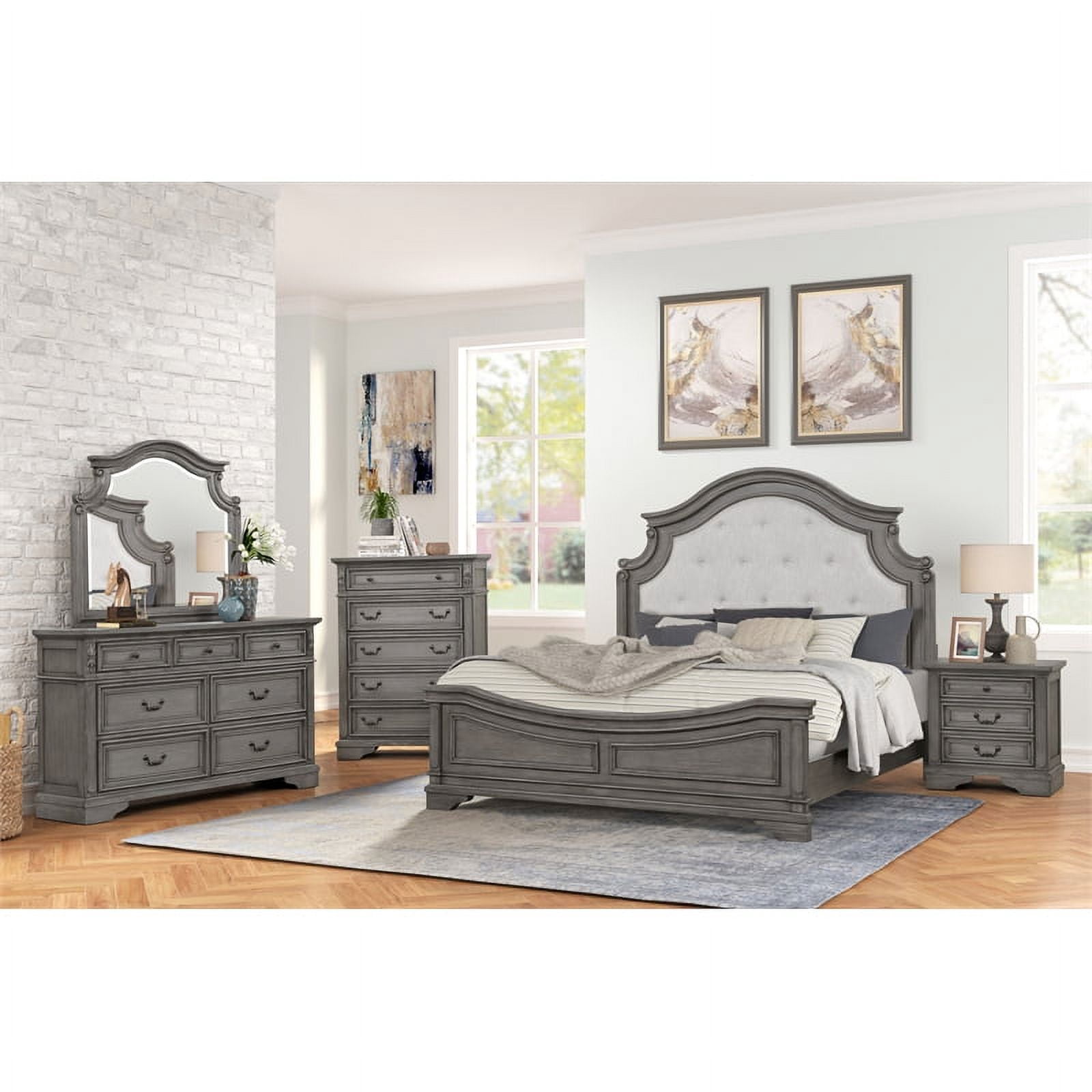 Grace Traditional Tufted King Bedroom Set, 6 Pc Wood Furniture in Gray ...