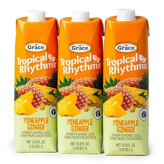 Grace Tropical Rhythms Ginger and Pineapple Juice 1 Liter (33.8oz) - 3 Cartons - Jamaican Fruit Juice