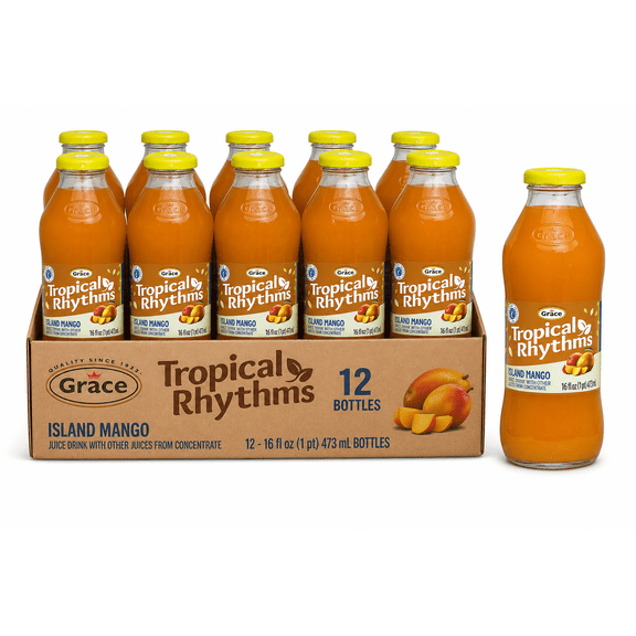 Grace Tropical Rhythms Island Mango Juice, 16 fl oz 473 mL Bottles (12 Pack)