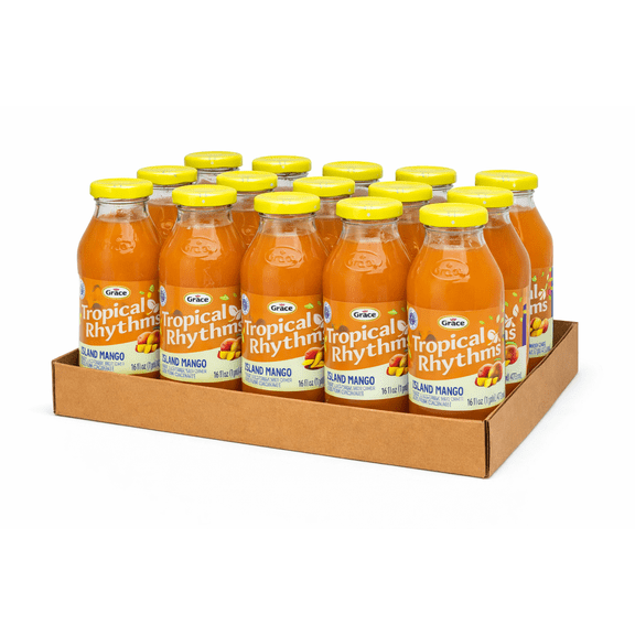 Grace Tropical Rhythms Island Mango Juice Drink, 16 oz Glass Bottles (12 Pack), Caribbean Mango Flavor Beverage