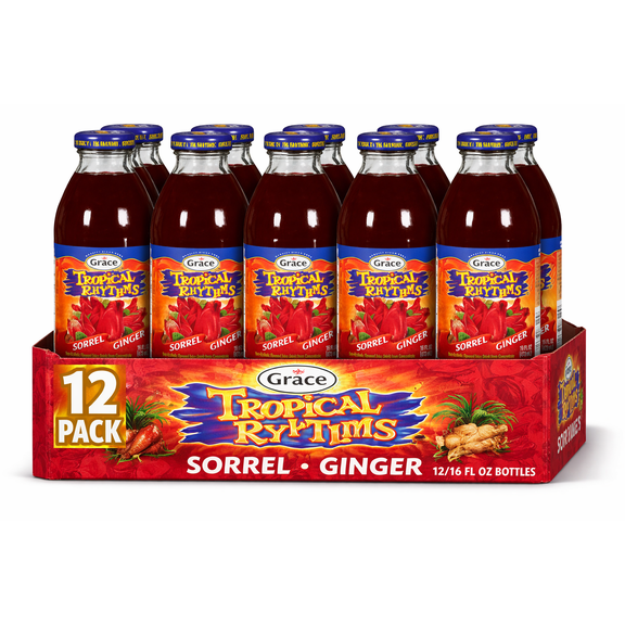 Grace Tropical Rhythms Sorrel Ginger Juice Drink, 16 fl oz Glass Bottles, 12 Pack
