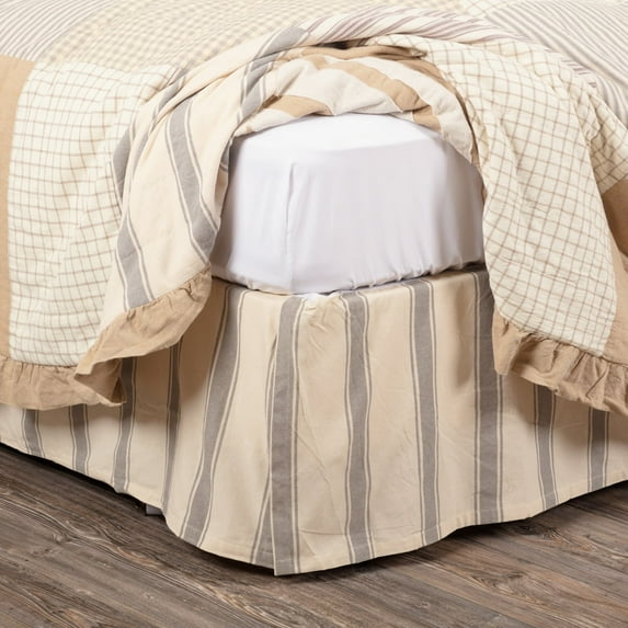 VHC Brands Grace Striped Cotton Farmhouse Split Corners Tailored Twin Bed Skirt, Creme White