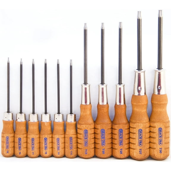 Grace USA Star Screwdriver Set, 11 Sizes, Torx Head, Steel Alloy Blade, Wooden Handle, Fits Hexalobular Internal Screws, Gunsmith Tools, Handcrafted, Made in USA
