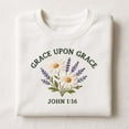 thumbnail image 1 of Grace Upon Grace Embroidered Sweatshirt, John 1:16 Scripture Shirt, Daisy & Lavender Floral Crewneck, Christian Gift, 1 of 4