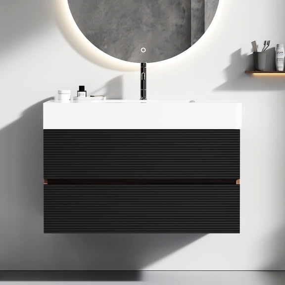 Grace Walnut 36" Bathroom Vanity Desk - Wall Mounted With Glossy White Sink And Soft Black File Drawers Cabinet Hinged