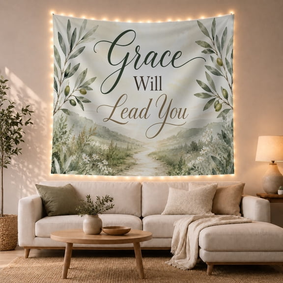 Grace Will Lead You Text with Olive Branches, Calming Watercolor Style for Faith Decor Lovers, Faith Wall Art, Easter Gift, Tapestry Wall Hanging for Bedroom and Meditation Room